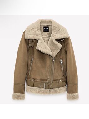 Zara Double Faced Faux Suede Shearling Biker Jacket